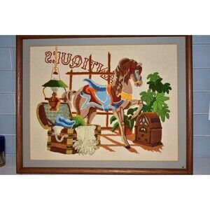 Vintage crewel embroidery art framed horse treasures 3D finished Sunset Stitcher